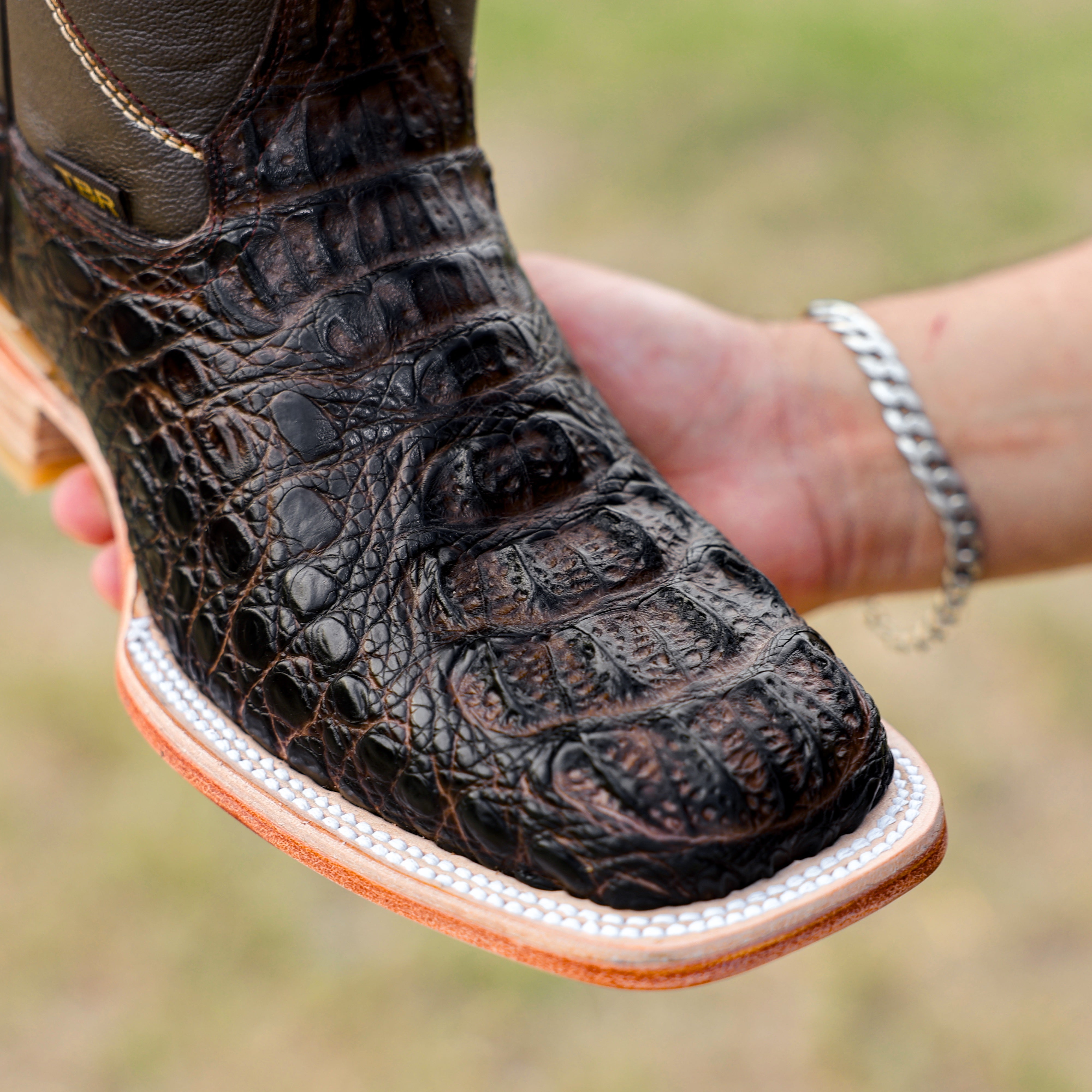 Chocolate Brown Caiman Neck Leather Boots - Square Toe