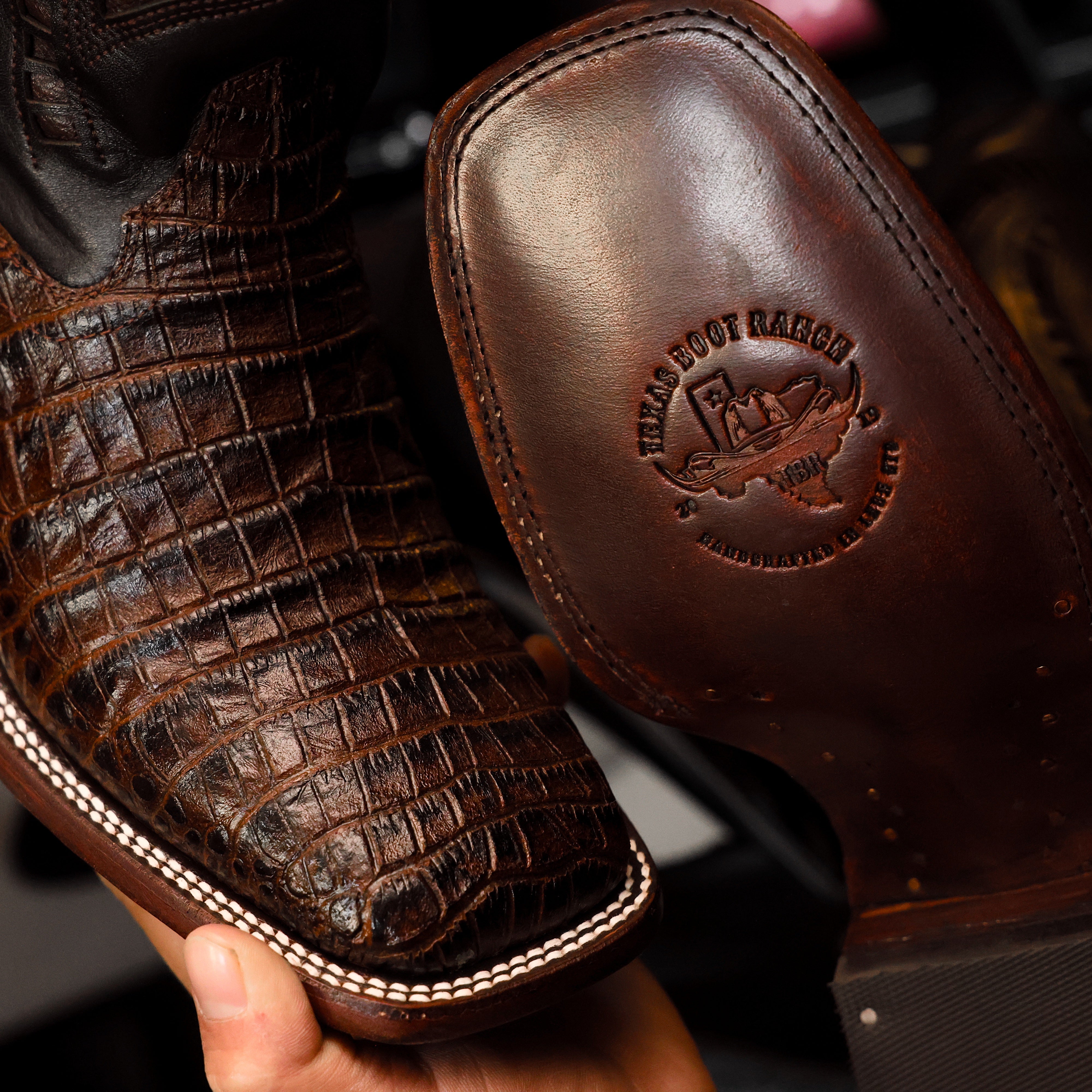 Chocolate Brown Caiman Belly Leather Boots - Square Toe