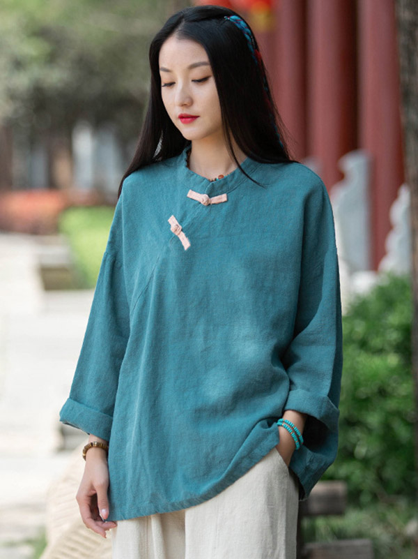 Vintage Linen Frog Loose Long Sleeve Shirt Tops