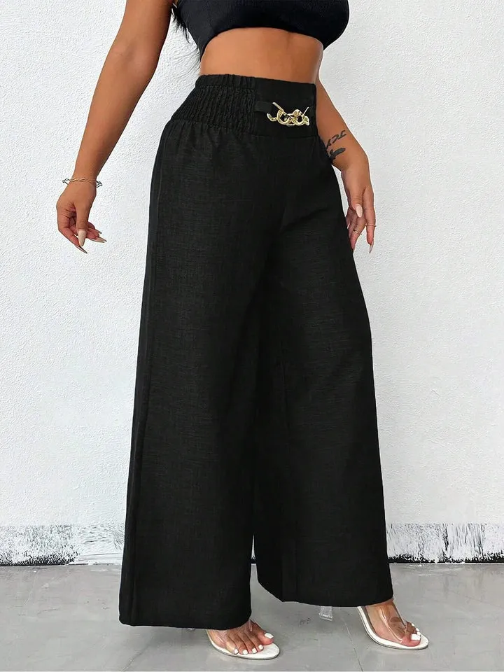 Women's Solid Color High-Waisted Pants, Stretchable Loose-Fitting Wide-Leg Trousers