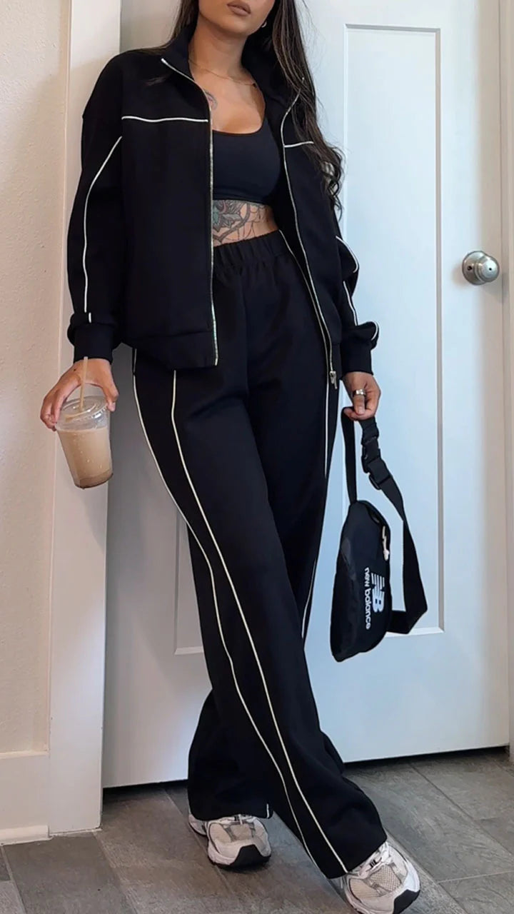 Women's Autumn Casual Side Stripe Sports Outdoor Jacket Coat Pants Set