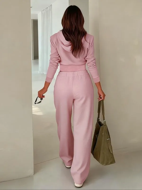 Women's Casual Hooded Sweatshirt Set, Long Sleeve Plain Pullover, Fitted Pants