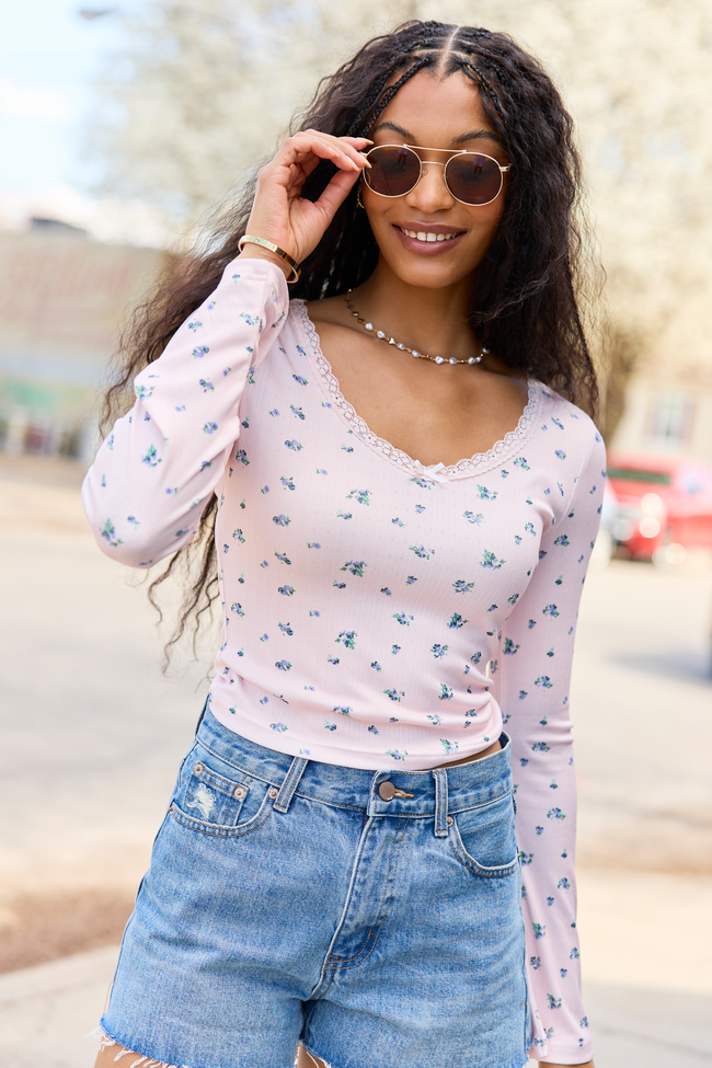Cameron Pink Lace Trim Floral Top