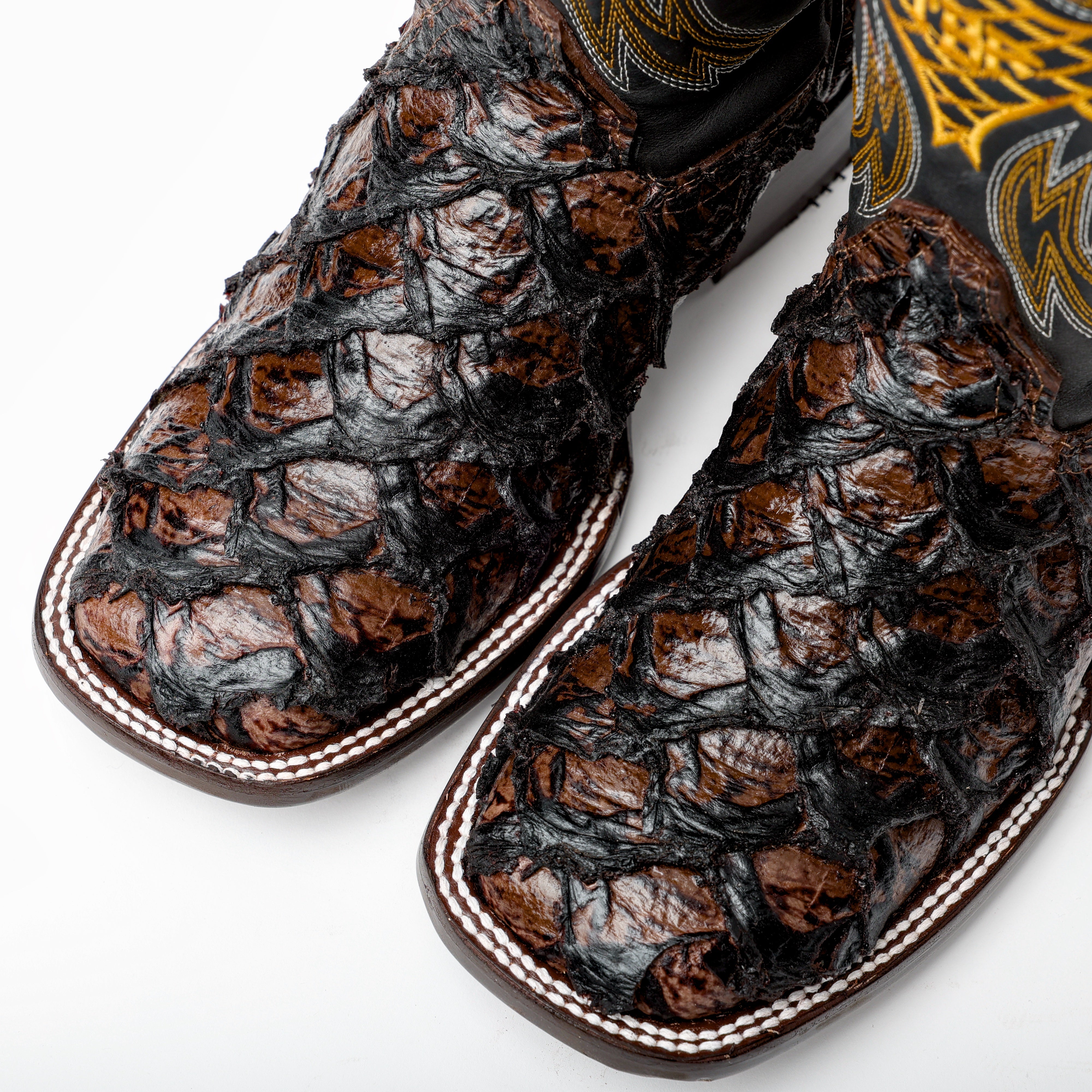 Brown Jumbo Pirarucu Leather Boots - Square Toe