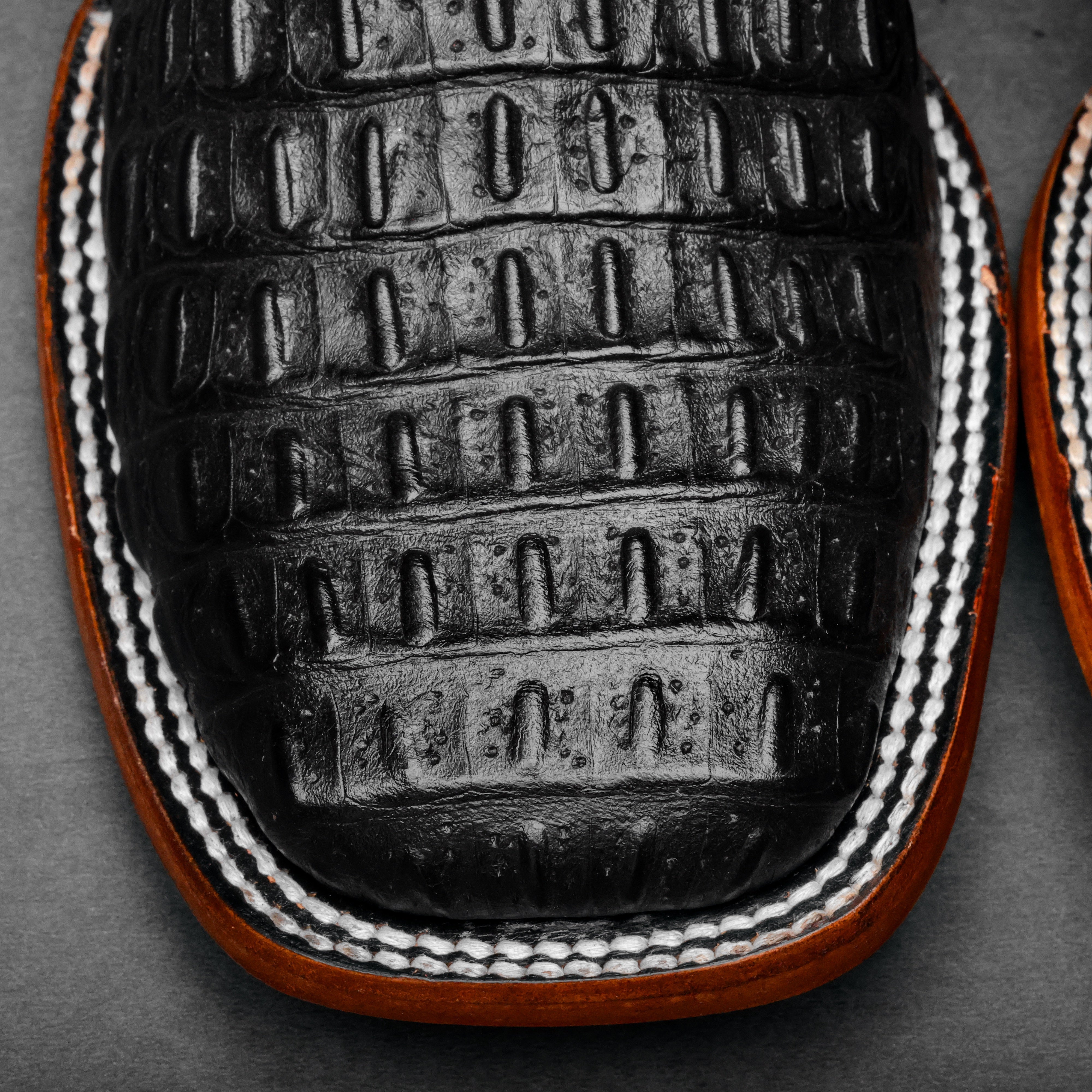 Black Caiman Hornback Leather Boots - Square Toe