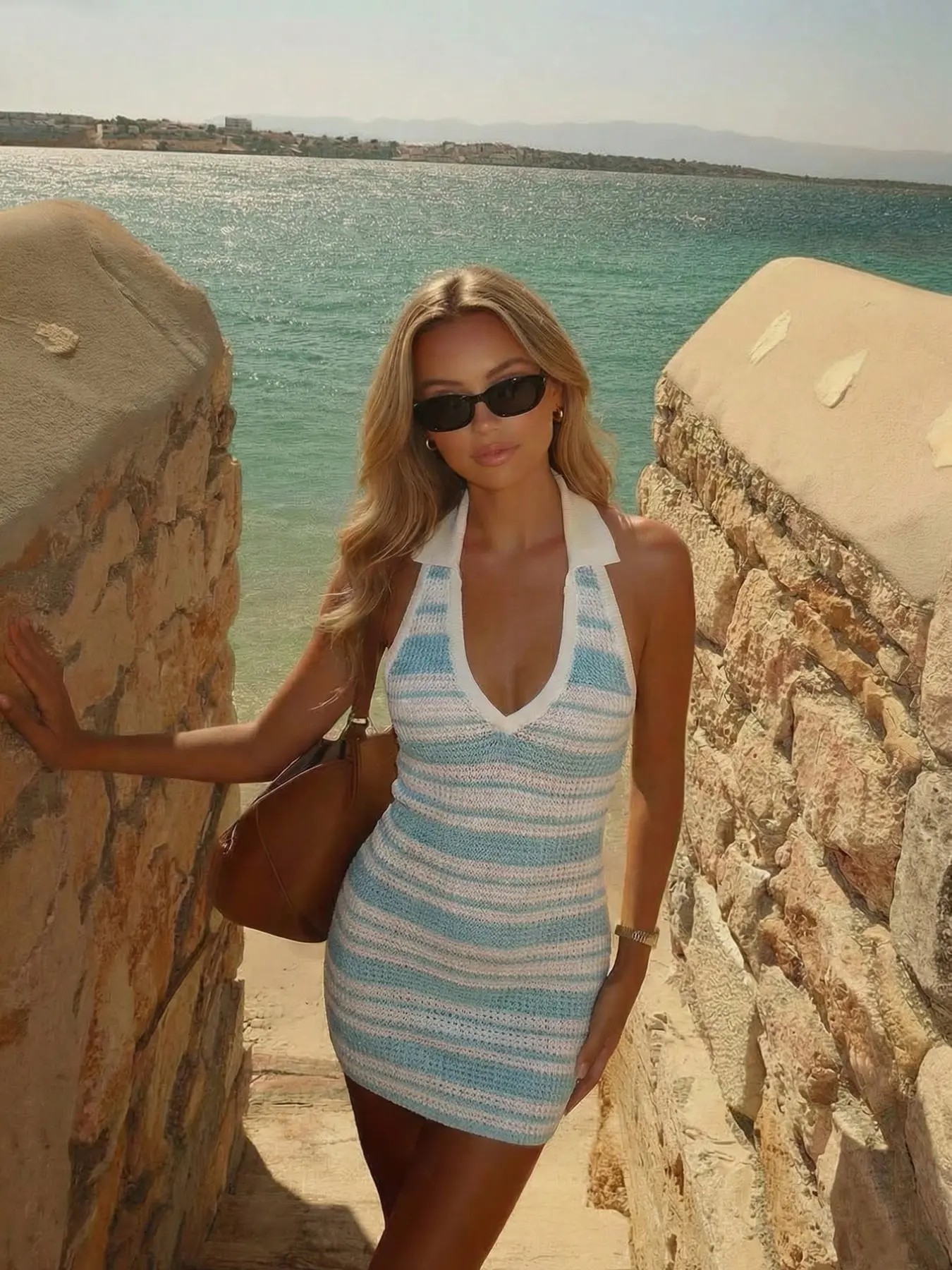 Women's Striped Knit Bodycon Dress – Sexy Sweater Dress for Beach & Vacation