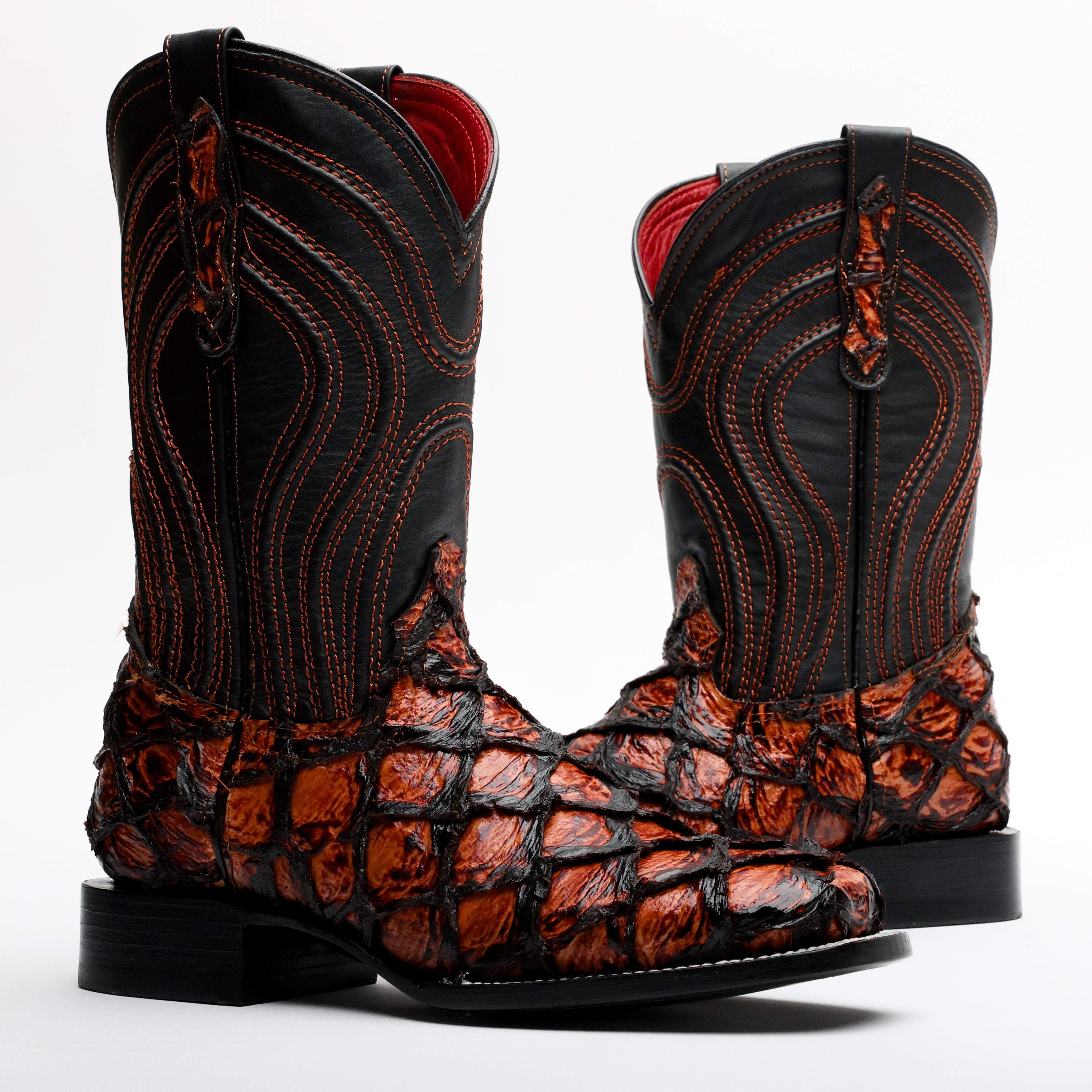 Cognac Jumbo Pirarucu Leather Boots - Square Toe