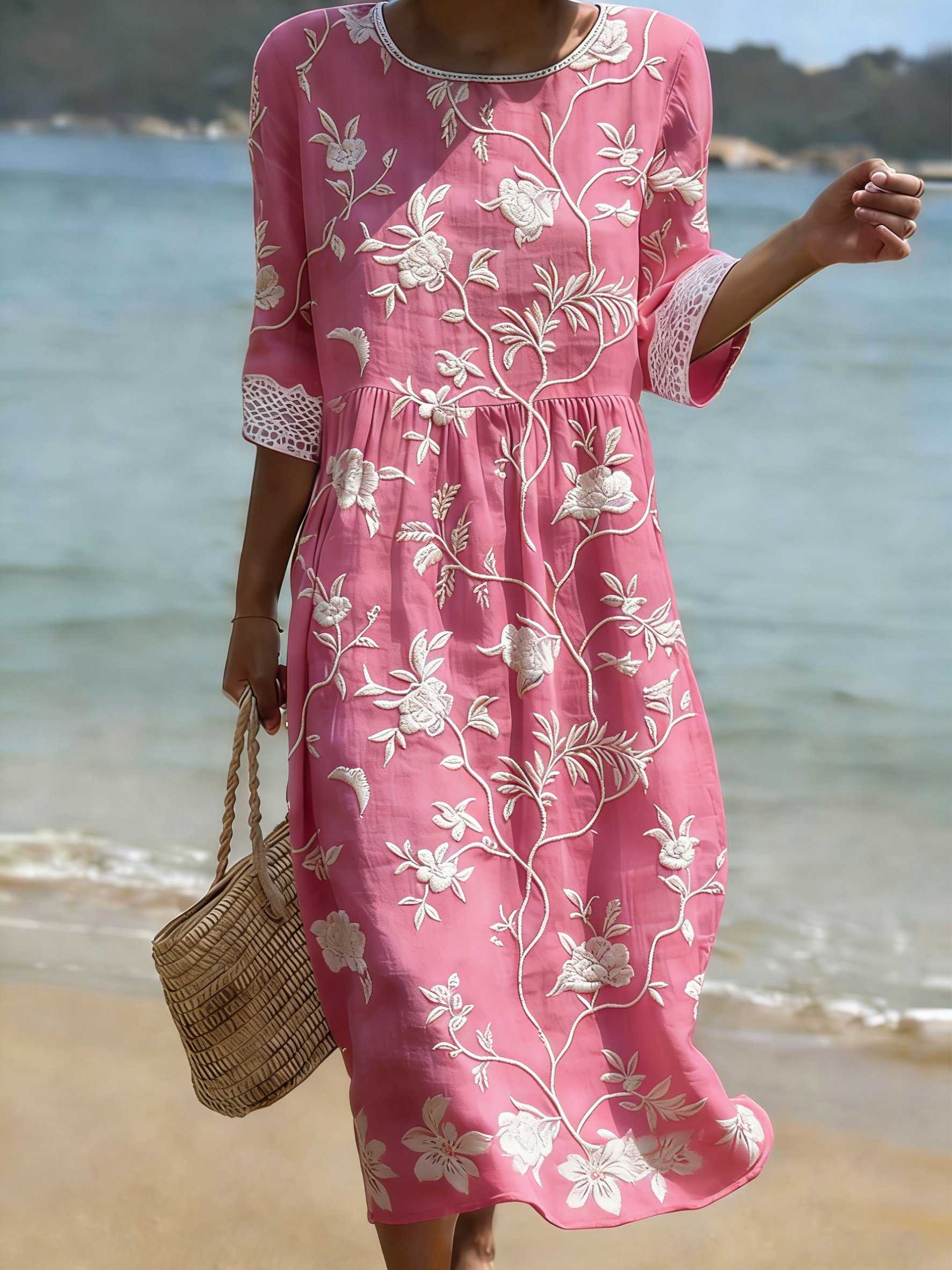 Women's Casual Solid Color Round Neck Mid-Sleeve Floral Print Cotton Linen Dress- Fast Shipping