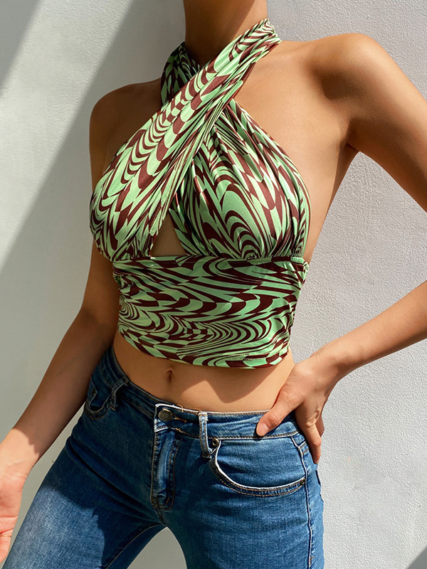 Backless Hollow Printed Skinny Sleeveless Halter-Neck Vest Top