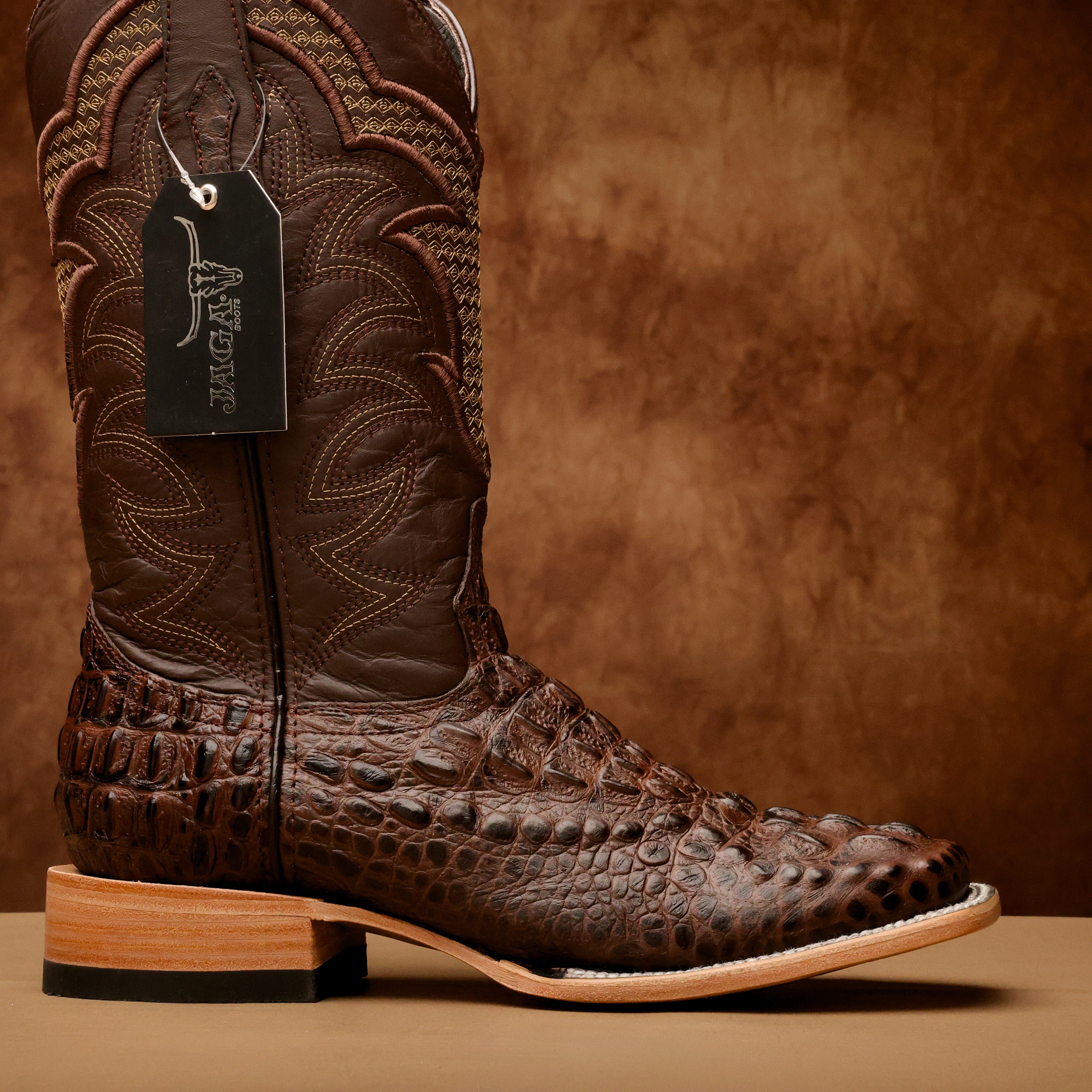 Brown Caiman Neck Leather Boots - Square Toe
