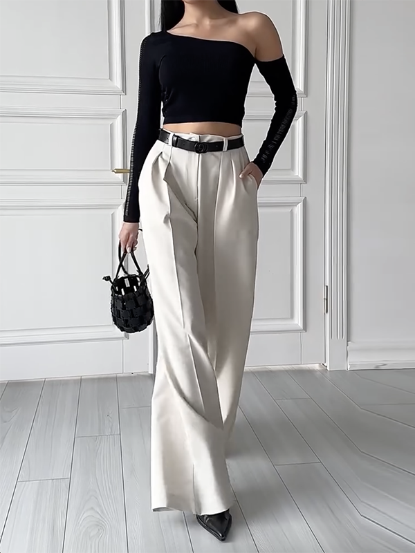 High Waisted Loose Pleated Solid Color Split-Joint Suit Pants Trousers