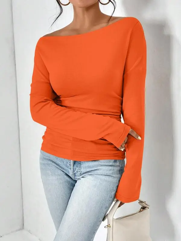 Women's Plain Ruched Asymmetrical Neck Drop Shoulder Tee