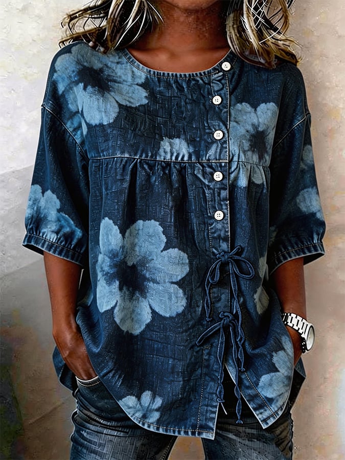 Women's denim casual printed short-sleeved top