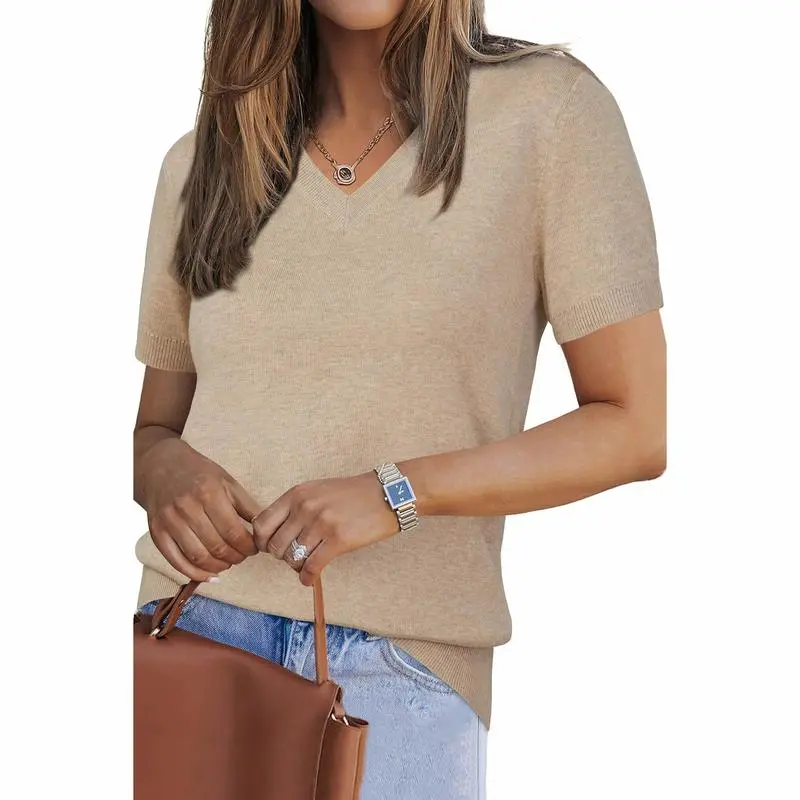Womens Wool Blend Sweater Soft V Neck Short Sleeve Spring Fashion Pullover Tops