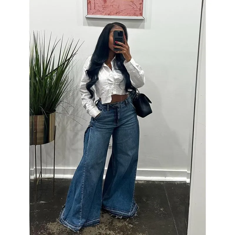 Women Flared Wide Side Loose Jeans High Waist