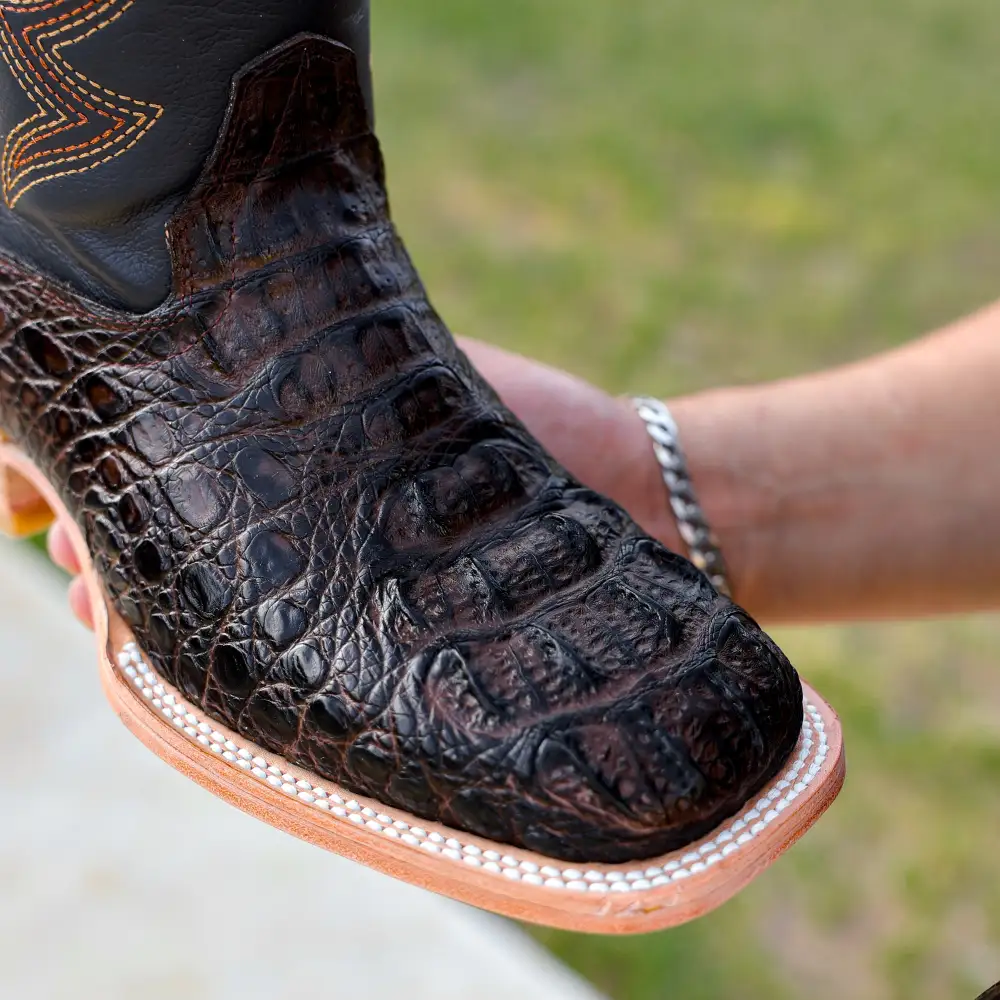 Brown Caiman Neck Leather Boots - Square Toe