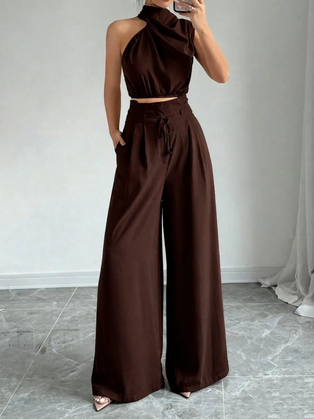 Women's Solid Color Crop Tank Top & Wide Leg Pants Two-piece Set