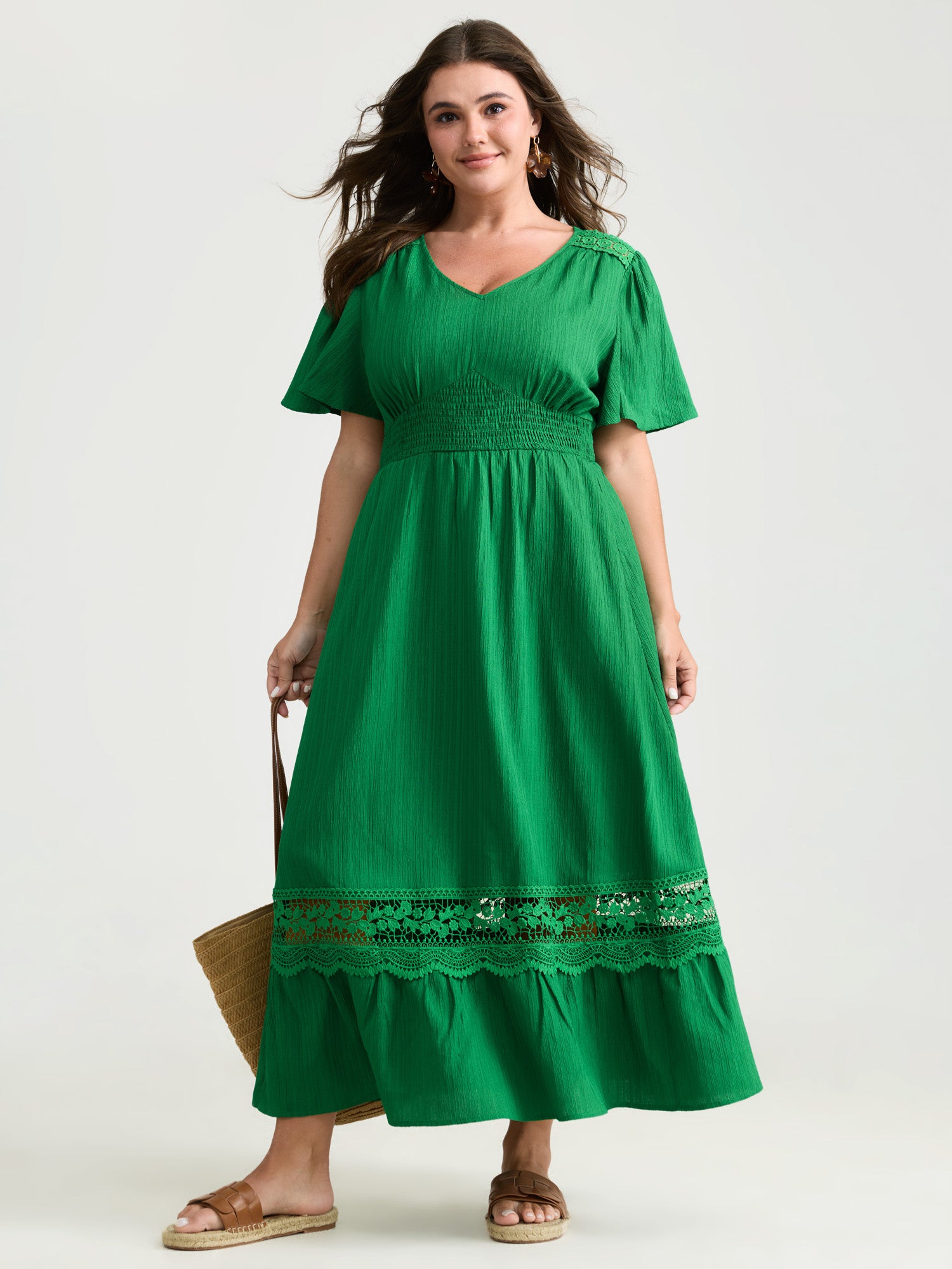 Lace Cut-Out Shirred Solid Maxi Dress