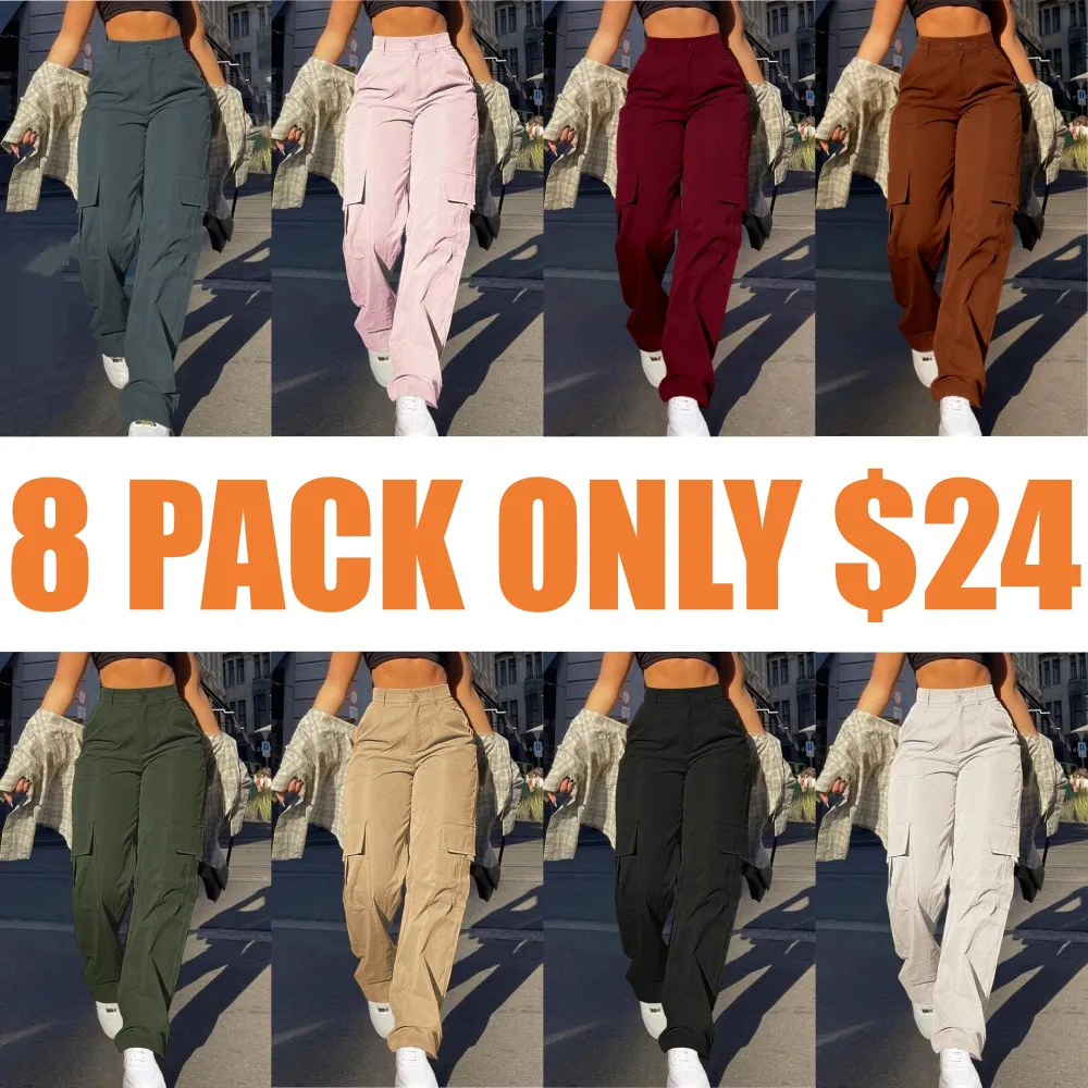 Women's Plain Flap Pocket Button High Waist Cargo Pants