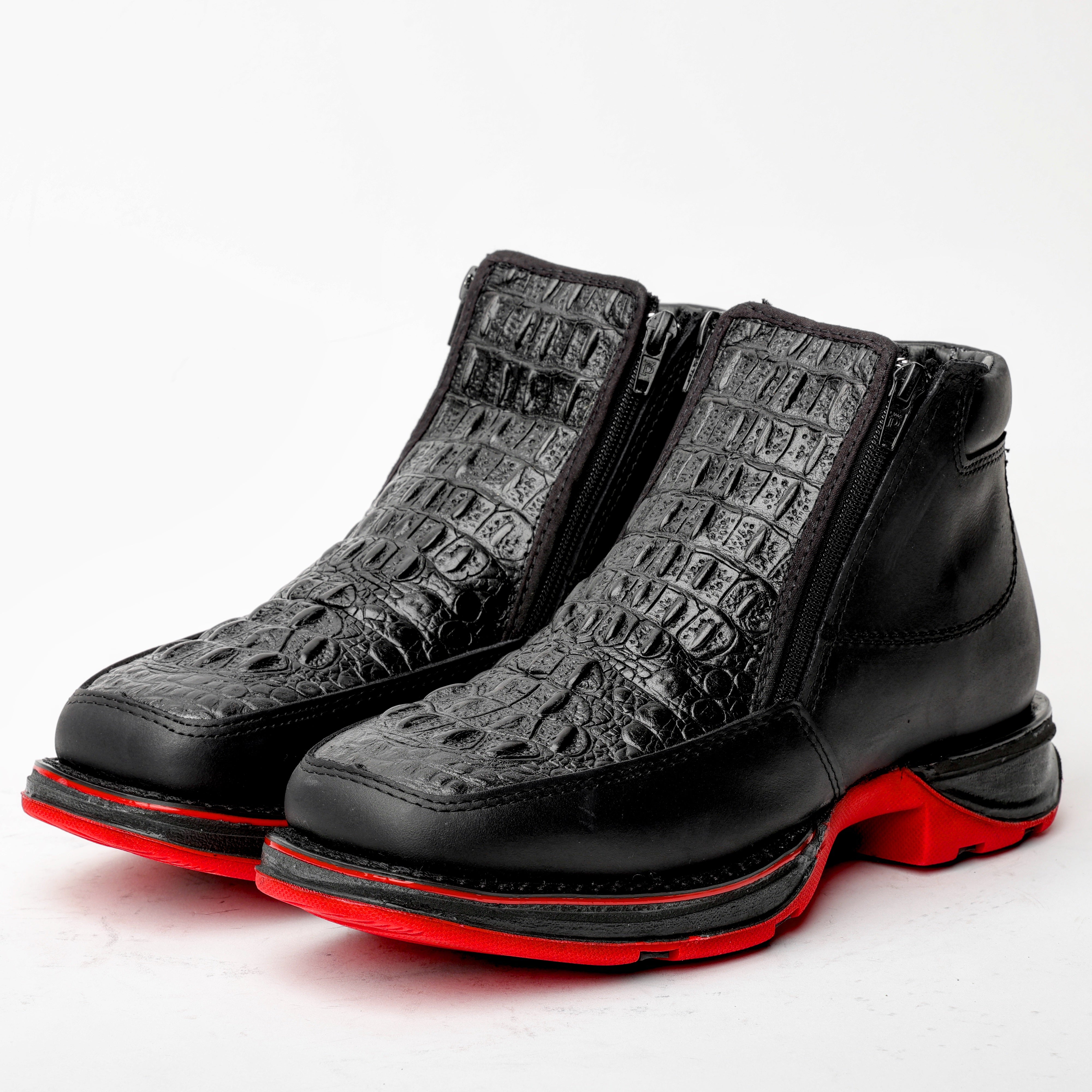 Black Caiman Leather Botin With 3D Lightweight Soles - Square Toe