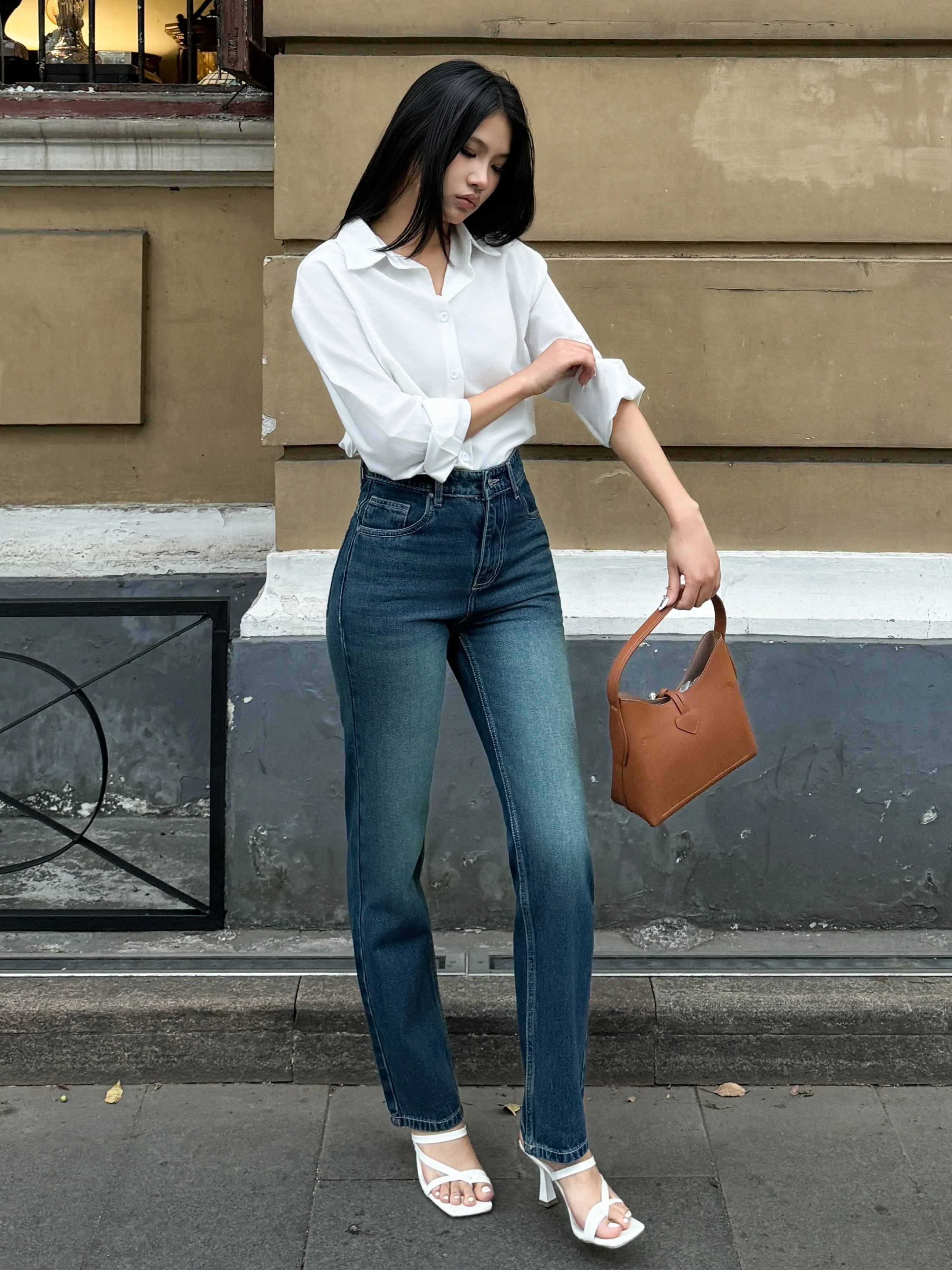Wash Out Indigo Blue Tailored Straight Leg Jeans