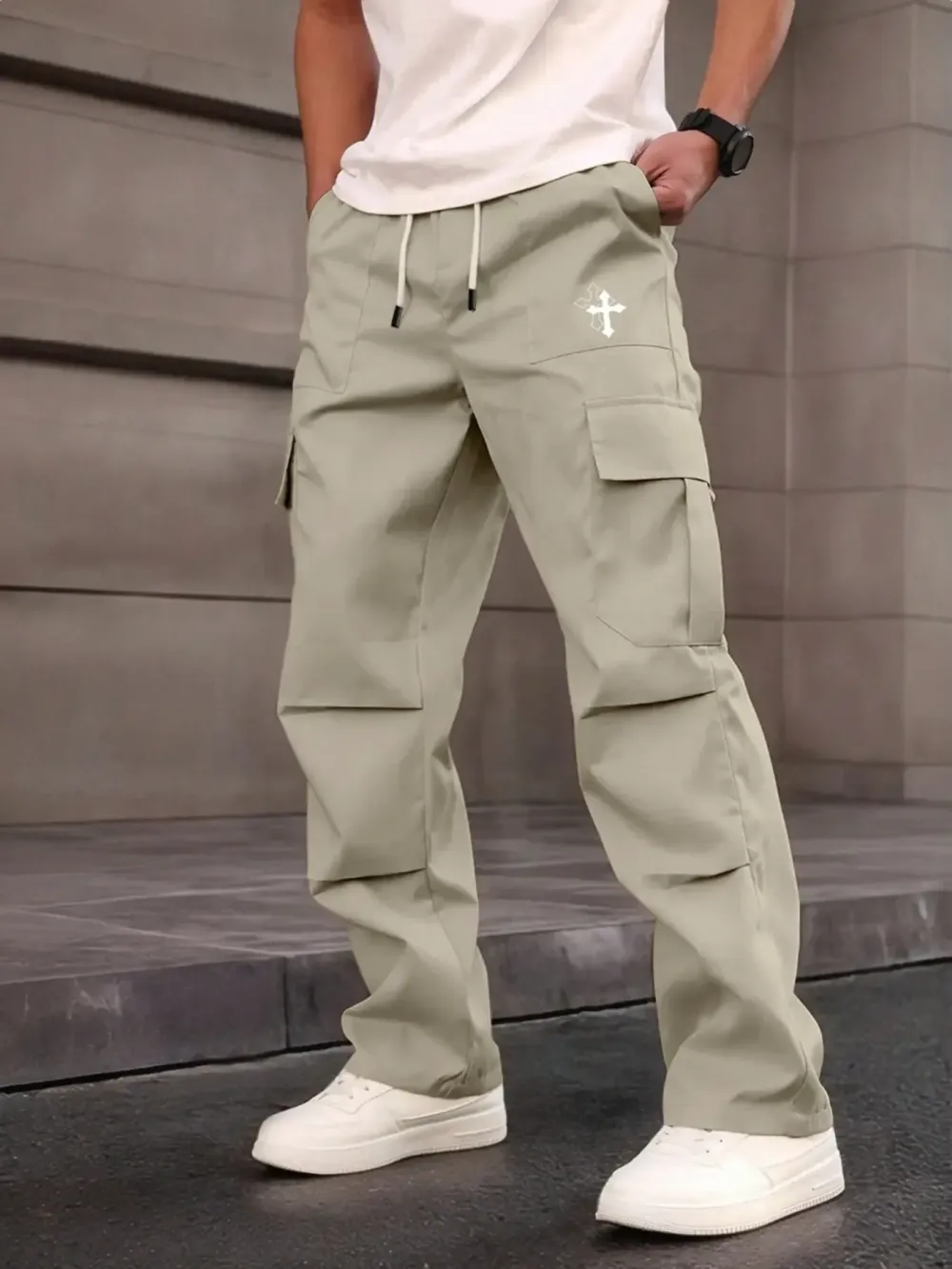 Men's Casual Work Pants, Unique Print, Multiple Pockets, Accordion Design at Knees, Adjustable Drawstring Waist, Outdoor Hiking