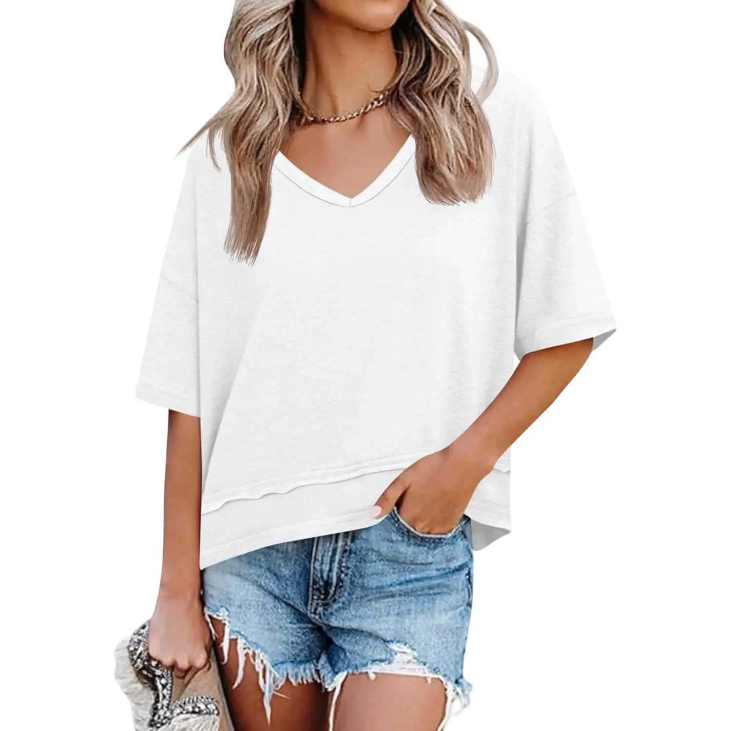 Women's Summer V-Neck T-Shirt — Casual Short-Sleeve Flowy Top | Cute, Loose-Fit Basic Tee