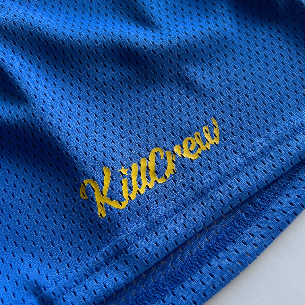 VENTED MESH SHORTS SCRIPT - BLUE / GOLD