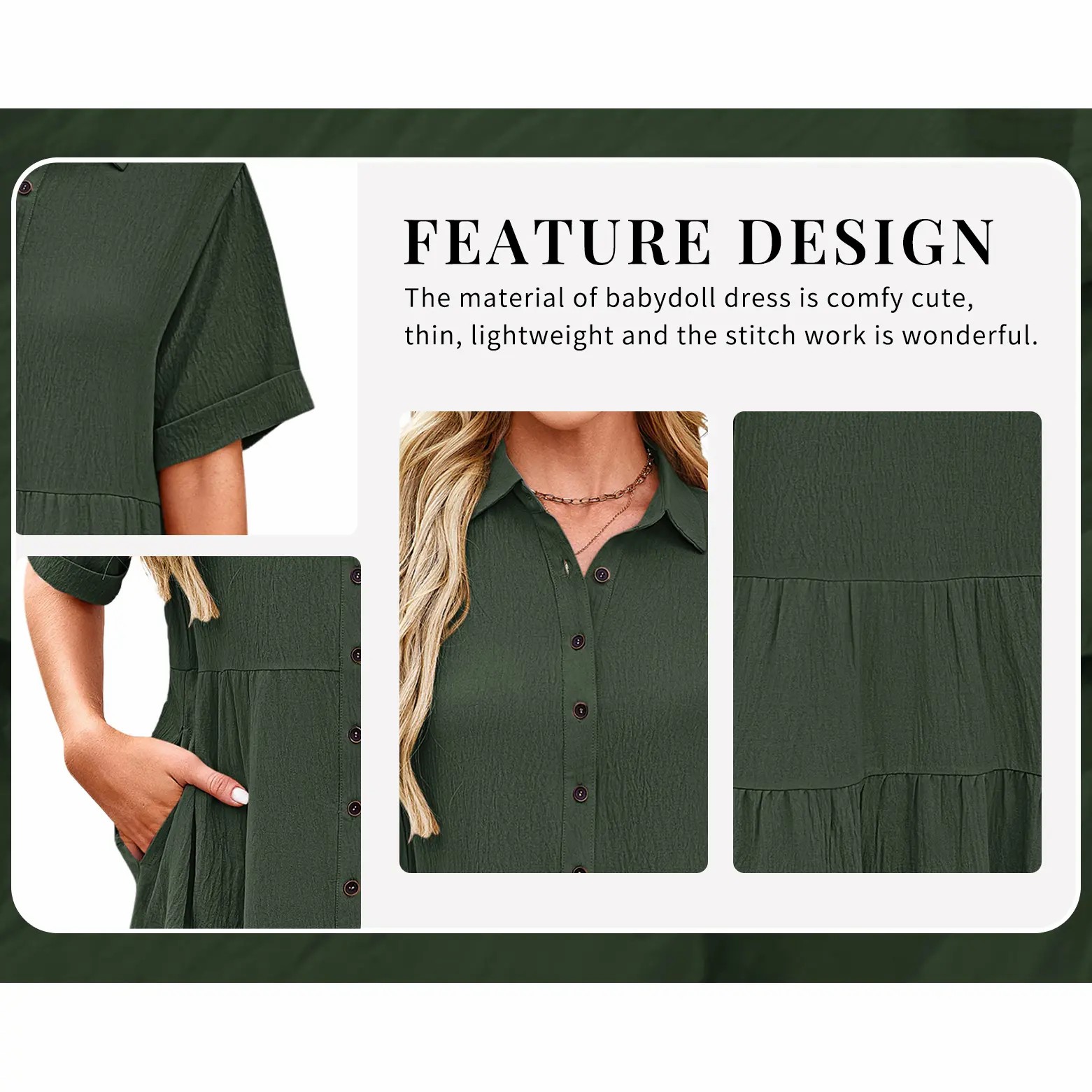 Women's Babydoll Mini Dress – Short Sleeve Button Down Flowy Tiered Dress with Pockets