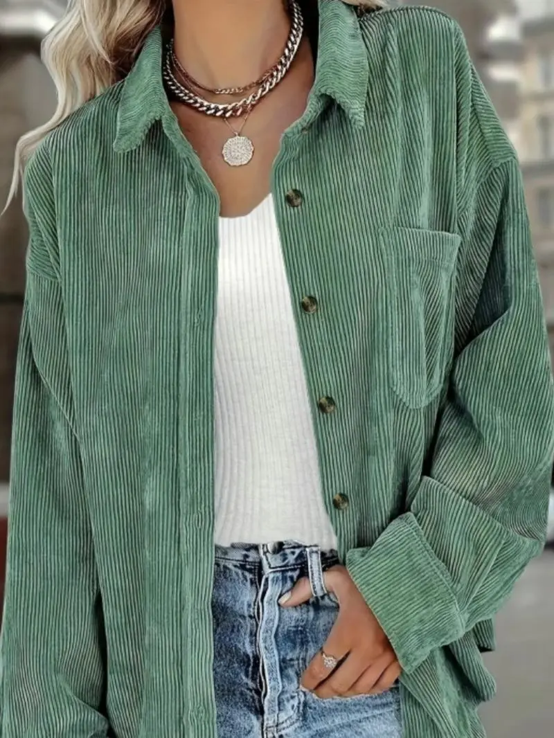 Women's Plain Pocket Button Front Corduroy Shirt