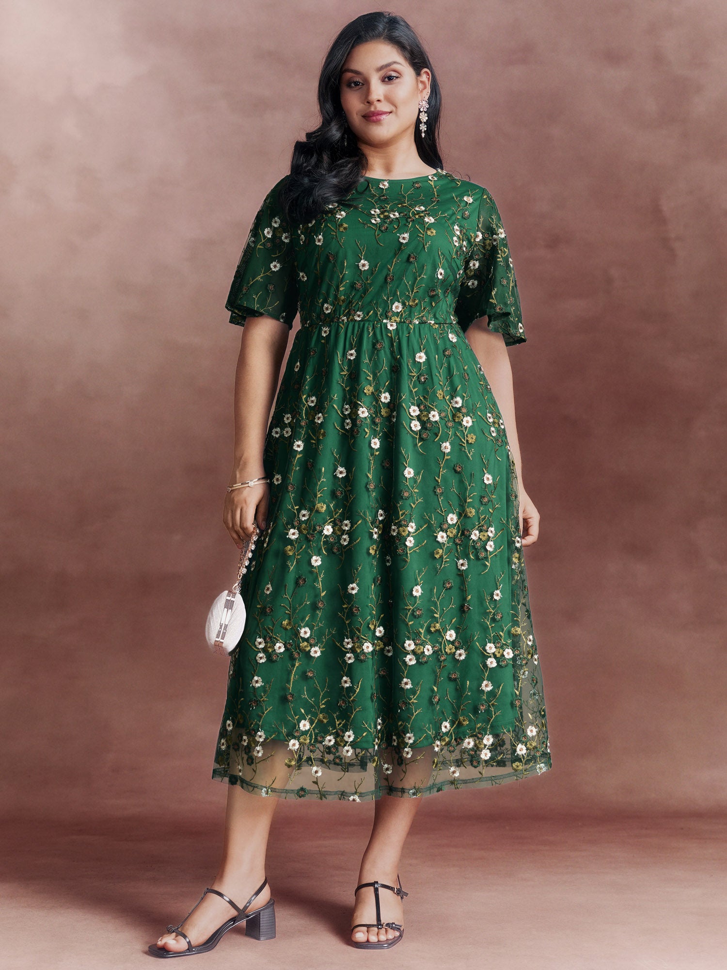 Floral Embroidered Mesh Midi Dress