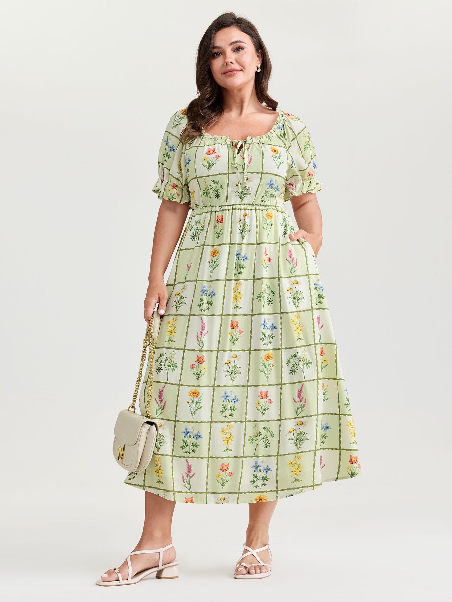 Floral Collage Print Ruffled Neckline Midi Dress