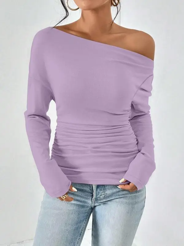 Women's Plain Ruched Asymmetrical Neck Drop Shoulder Tee