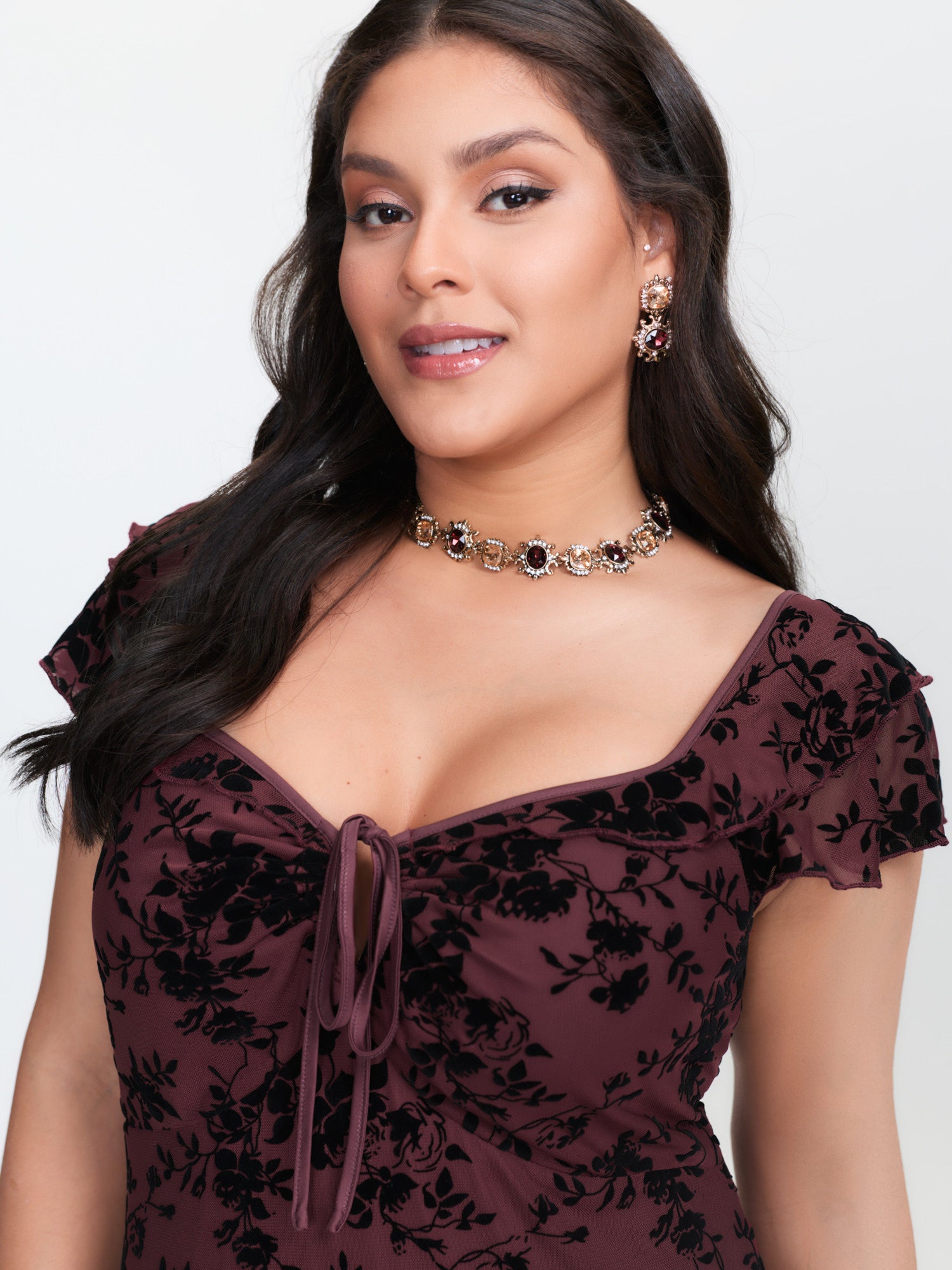 Floral Flocked Mesh Ruched Drawstring Midi Dress