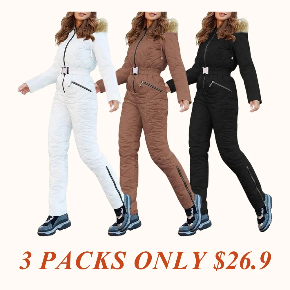 Women's Winter Ski Suit One-Piece Hooded Fur Collar Jumpsuit