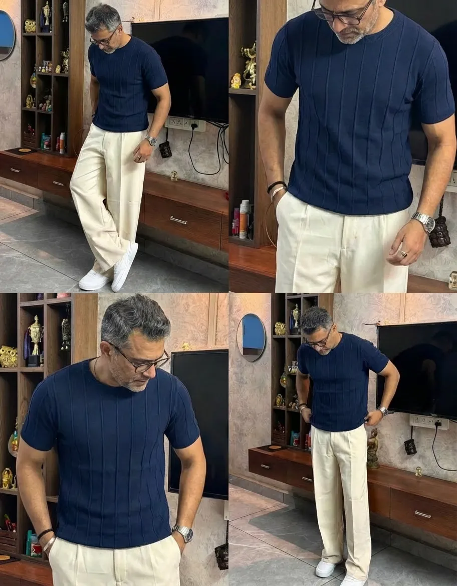 Last Day Promotion 🔥🔥 Crewneck Ribbed Pullover Men's T- Shirts Short Sleeve Knit Casual Tees