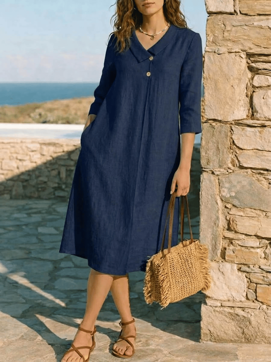 Women's Solid Color V-neck 3/4 Sleeve Casual Loose Cotton Linen Dress- Fast Shipping