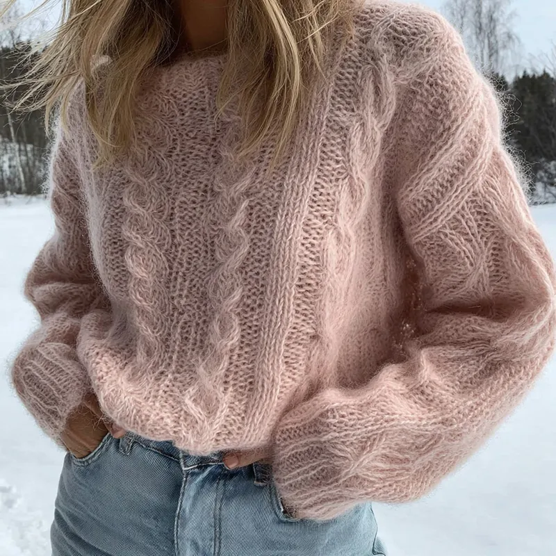 Women's Pink Cable Knit Warm Crew Neck Sweater