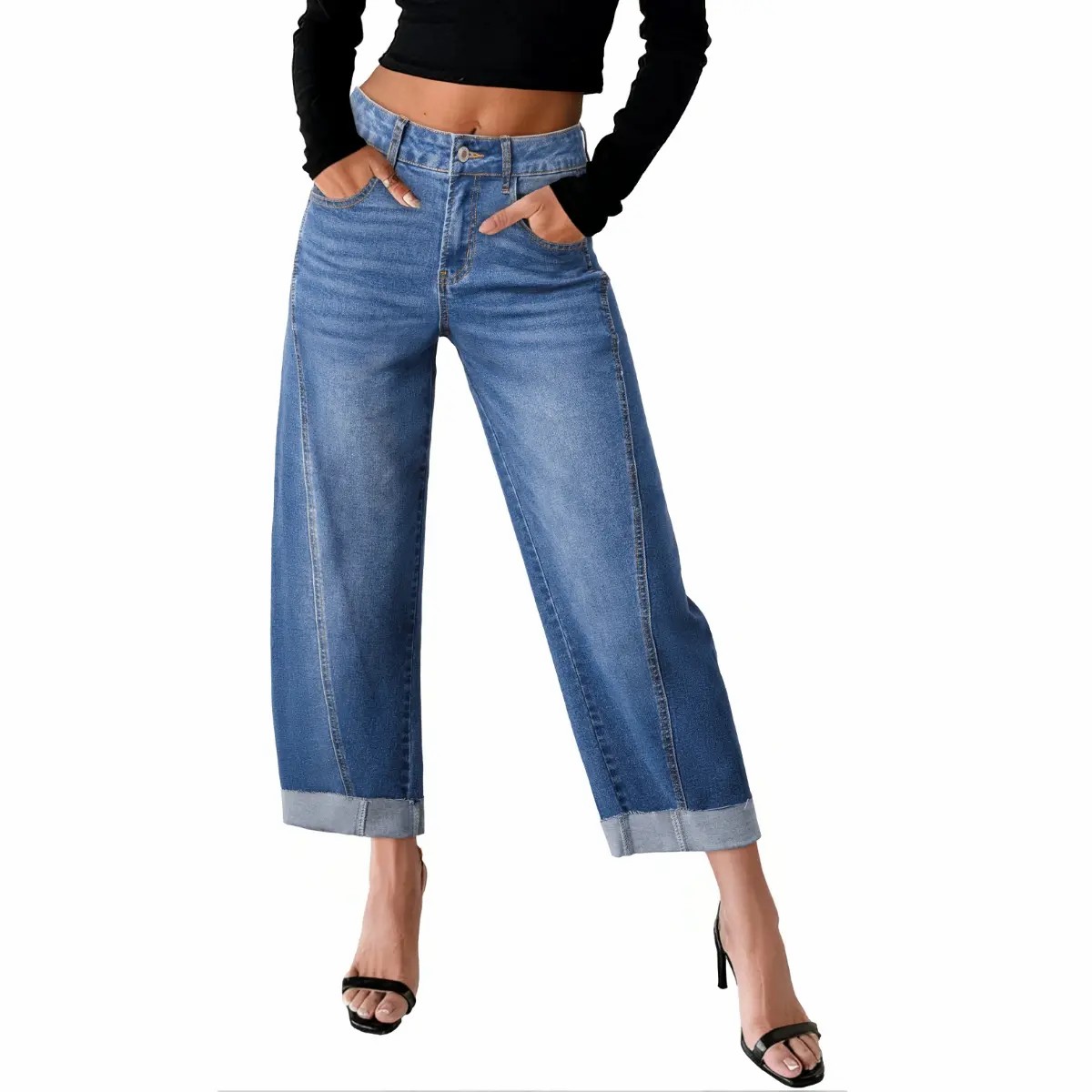 Women's High Waisted Wide Leg Cropped Jeans – Relaxed Fit Light Wash Denim with Rolled Cuffs