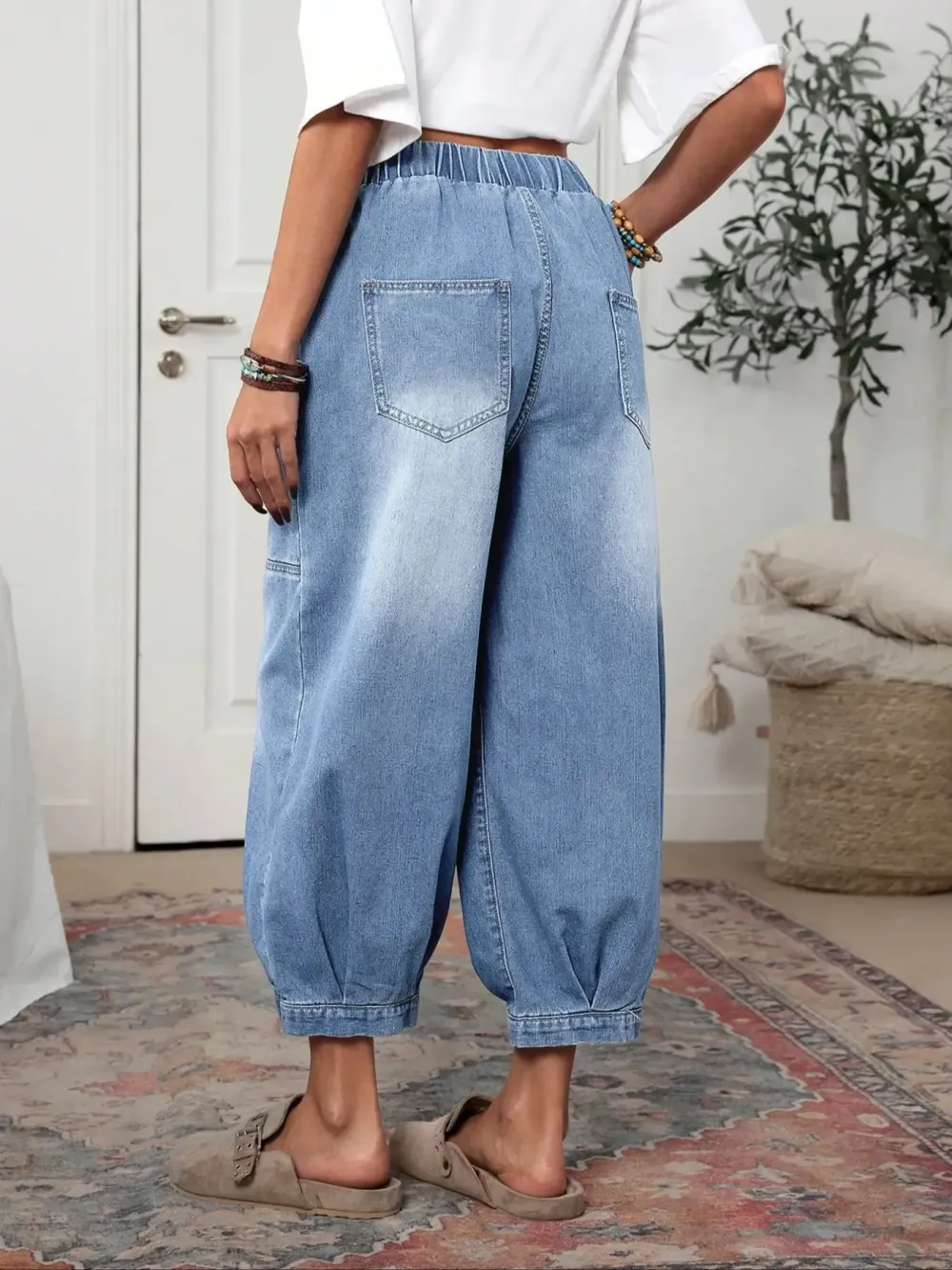 Women's Plaid Loose-Fit Woven Denim Jeans, Casual All-Seasons Comfortable Design