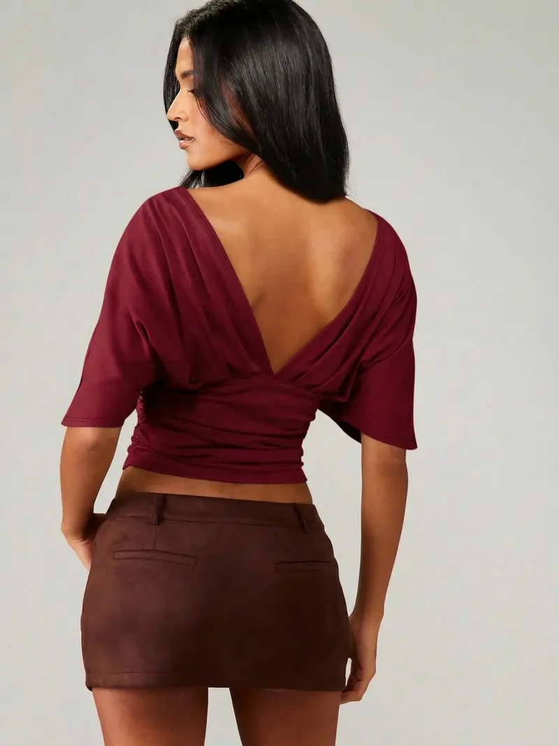 Women's Waist Cinched Backless Bodycon Top – V-Neck Slimming Fit