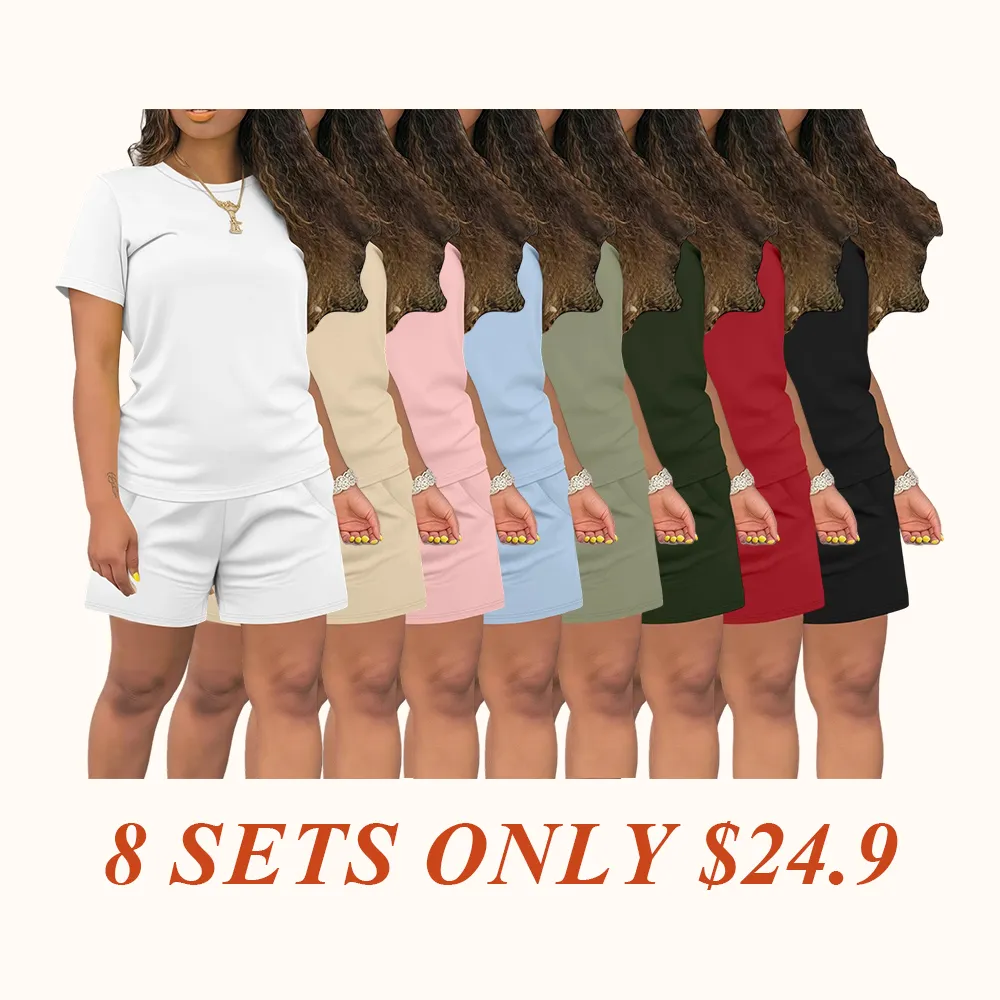 Women's Summer Casual Set, Regular Fit Short Sleeve Top & Shorts, Plain Color Women's