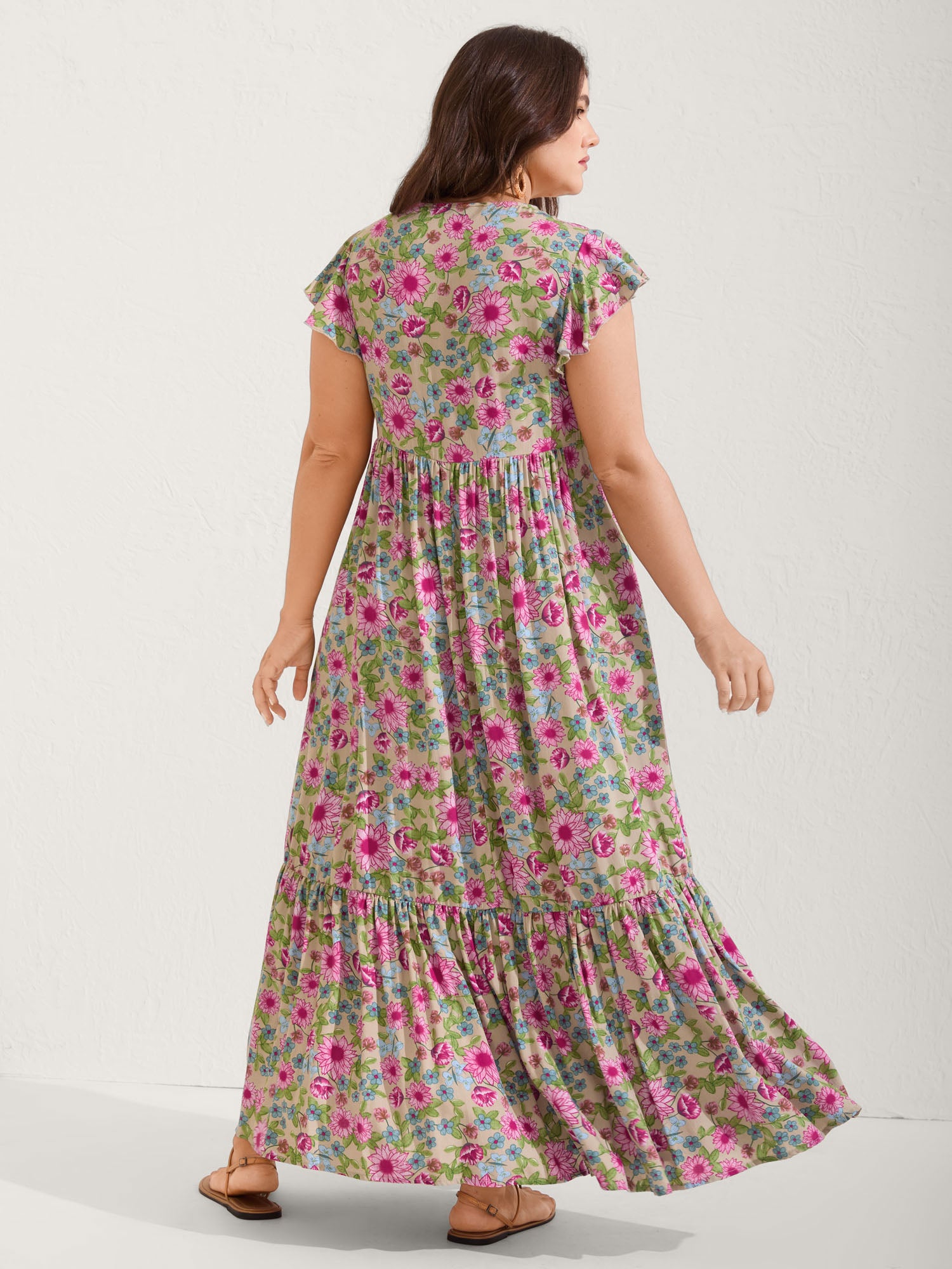 Sweet Floral Lace Trim Tiered Maxi Dress