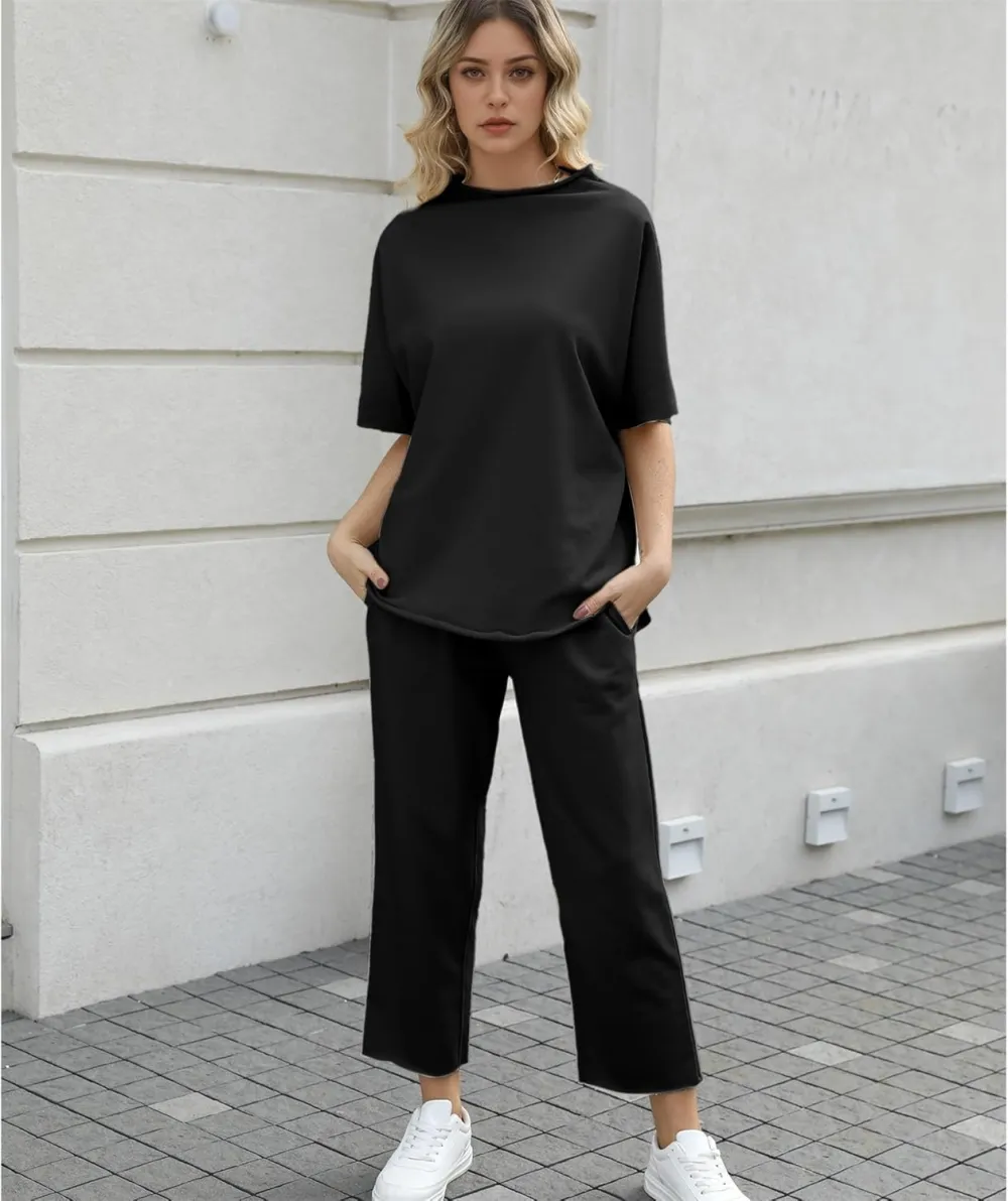 Women's 2 Piece Outfits Lounge Set 3/4 Batwing Sleeve Capelet Crew Neck Pullover Tops Wide Leg Pants