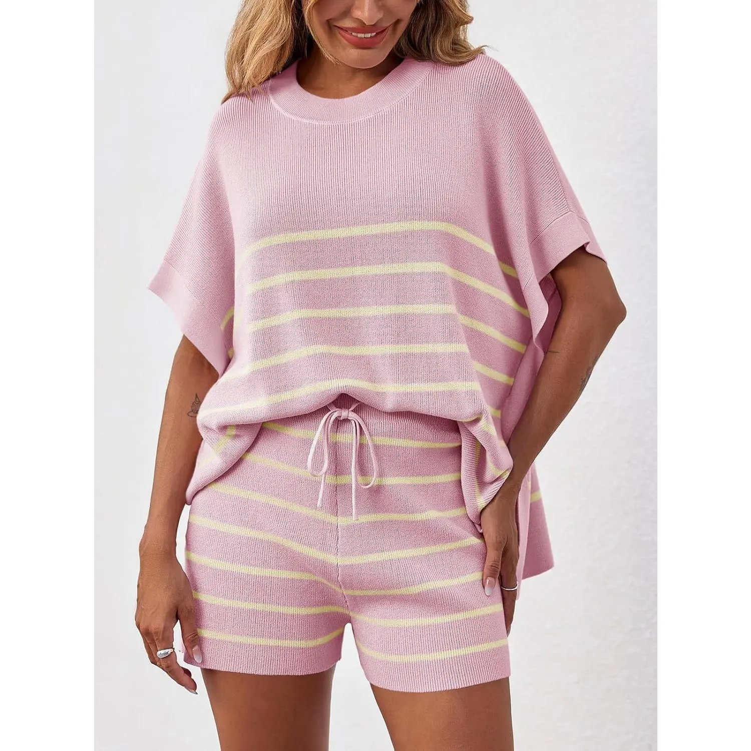 Women's Striped 2 Piece Outfits Oversized Batwing Short Sleeve Tops High Waisted Shorts Summer Knit Lounge Short Sets