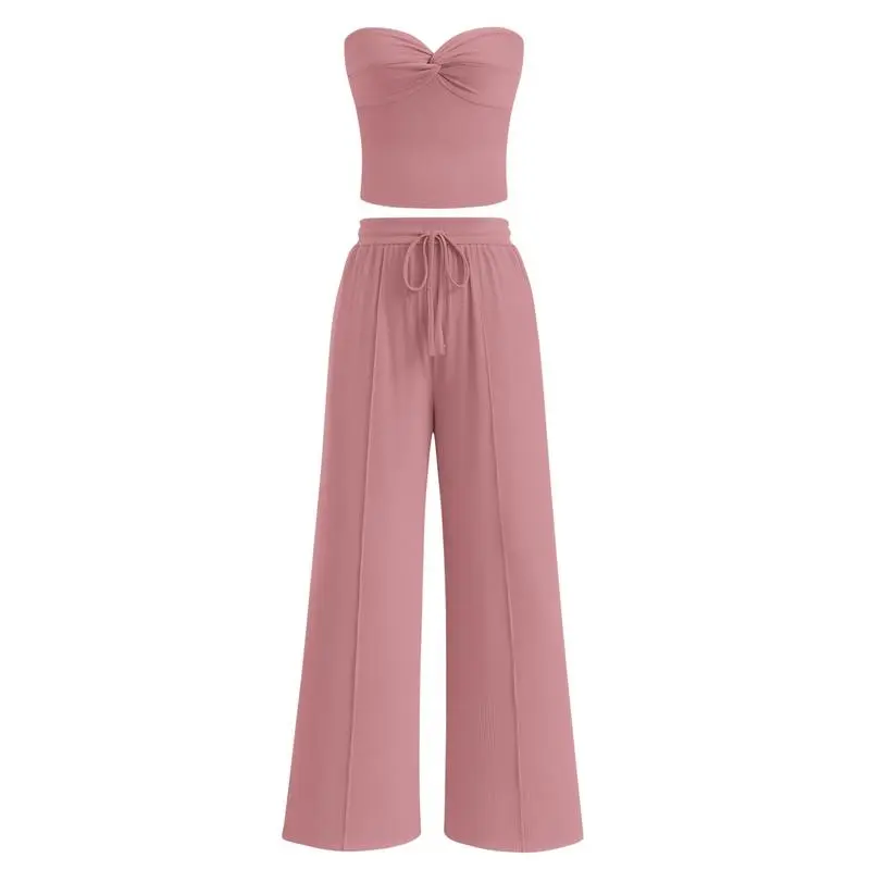 Two-Piece Sets For Women Summer Ribbed Strapless Twist Knot Tube Top Pants Set