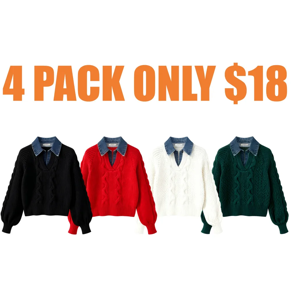 Denim Panel Ribbed Lapel Sweater