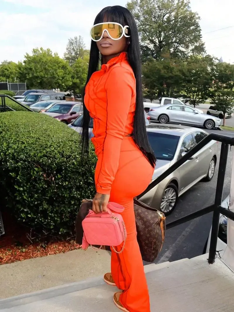 Women's Casual Sporty Two-Piece Set, Long Sleeve Zipper Design, Regular Fit, Fall & Winter, Fashionable Women's Clothing