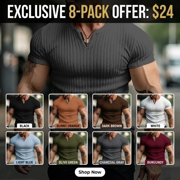 Essential Ribbed Henley 8-Pack Variety Bundle - Premium Athletic Fit