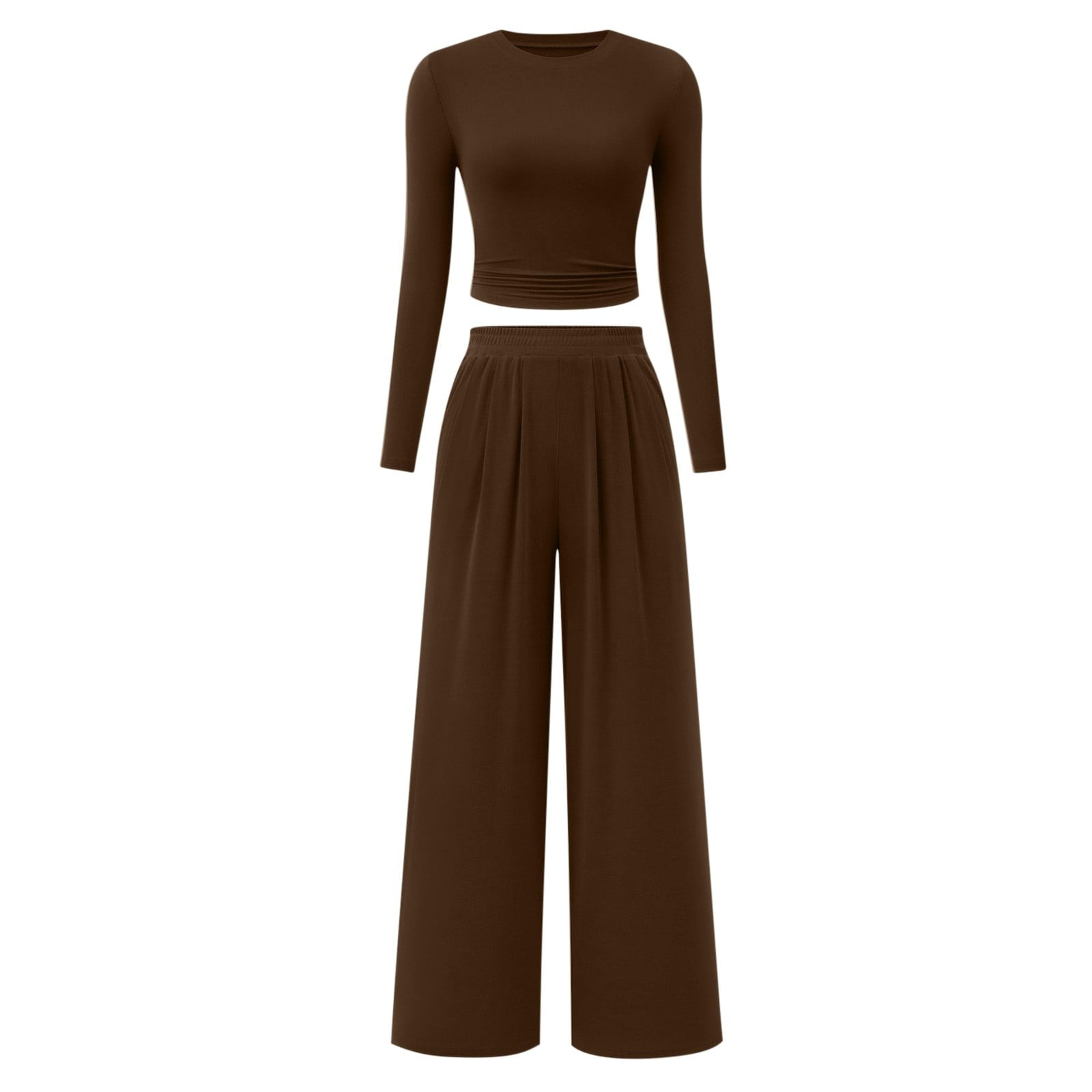 2-Piece Lounge Set – Ribbed Knit Long Sleeve Crop Top & Wide Leg Pants